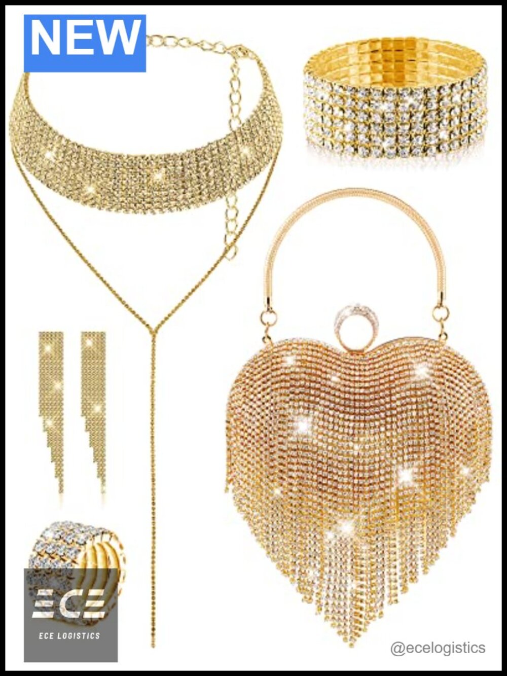 Rhinestone Heart Tassel Clutch Purse Jewelry Set for Women Evening Wedding